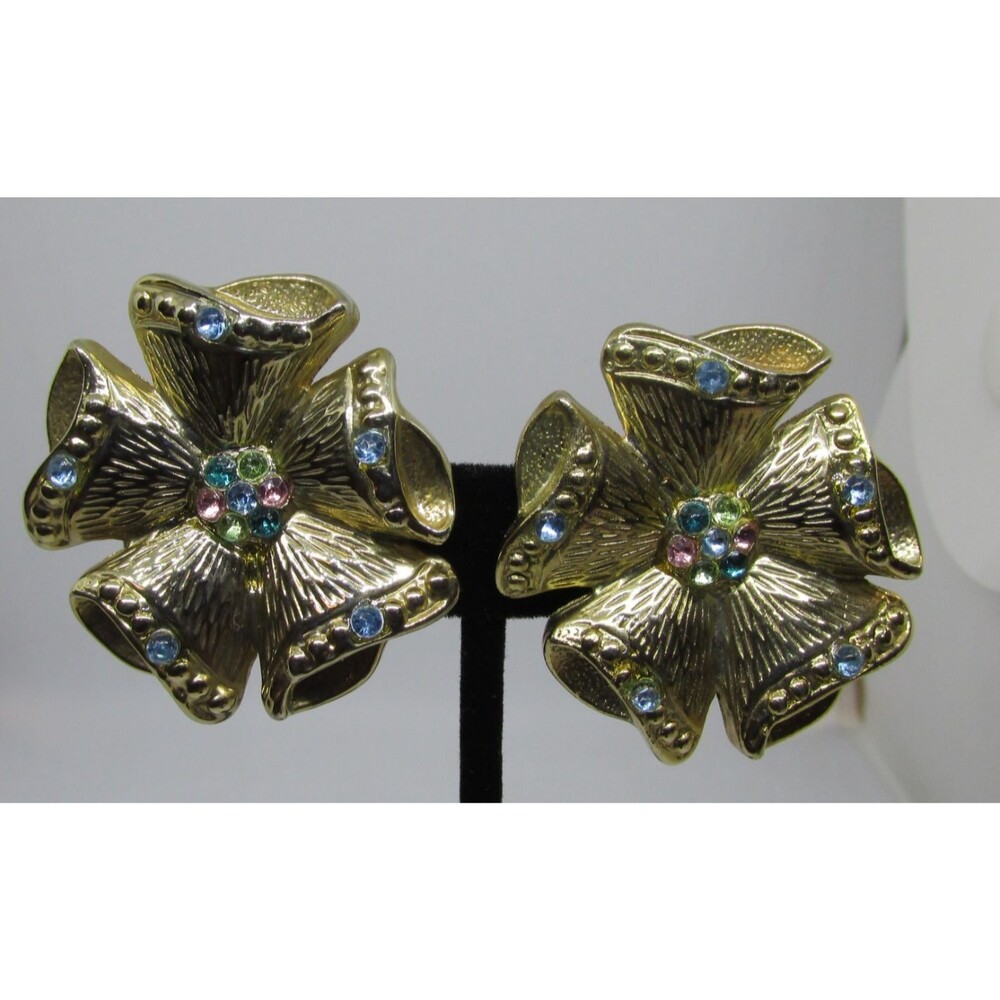 Vtg Two Sisters Bells Colored Rhinestone Clip On Earrings Goldtone Sparkle